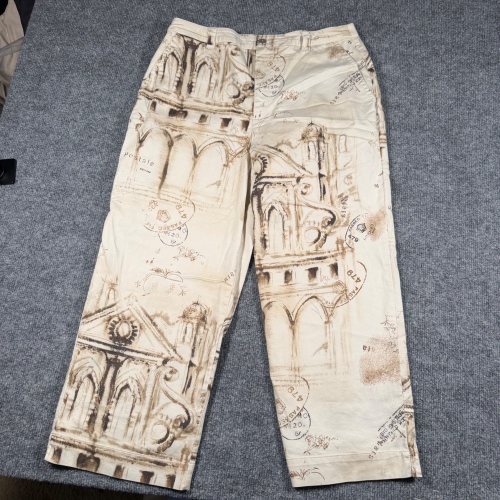 Chico's Women Cream Architectural Sketch Stamps Print Crop Wide Leg Pants Sz 0